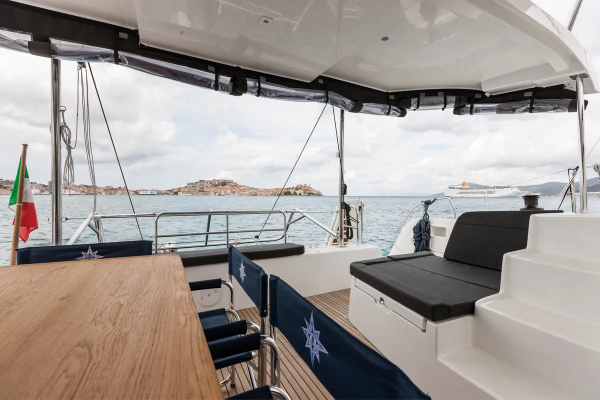 Deck of Waterworld, a Lagoon 42 catamaran at Capo d'Orlando, Italy