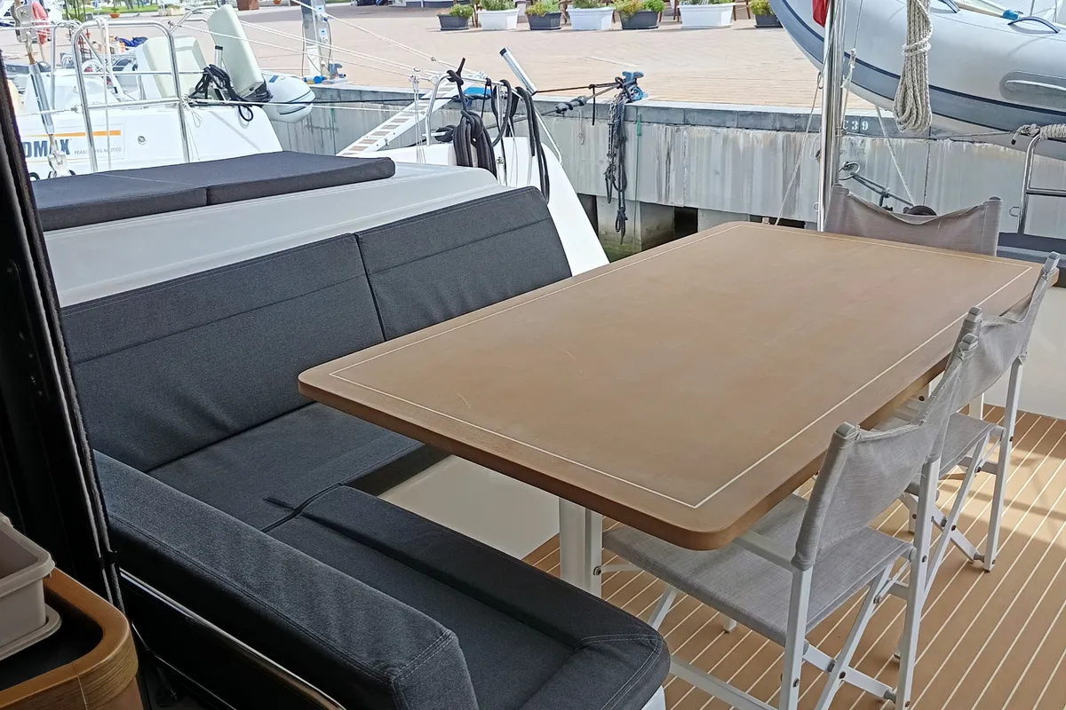 Deck of Waterworld, a Lagoon 42 catamaran at Capo d'Orlando, Italy