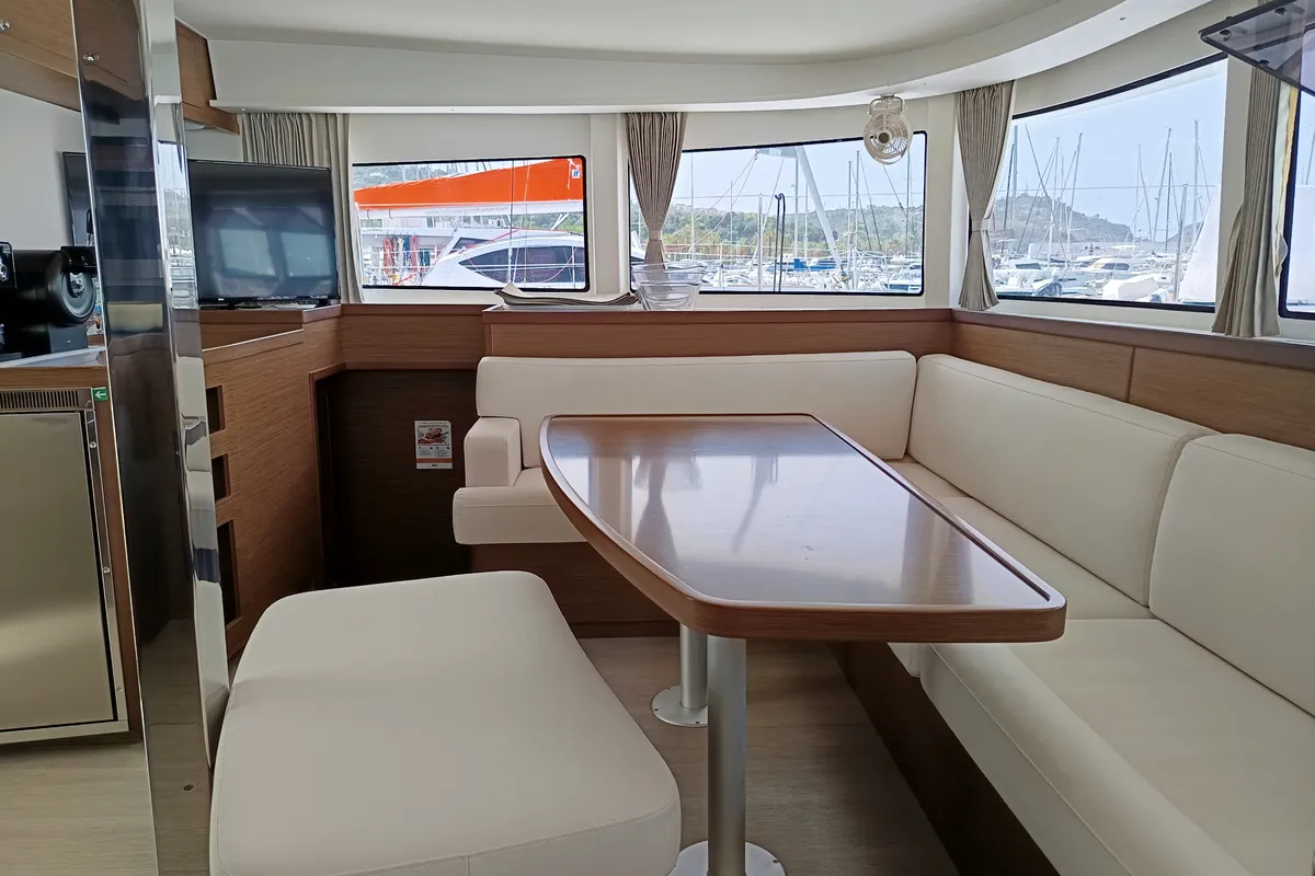 Salon of Waterworld, a Lagoon 42 catamaran at Capo d'Orlando, Italy