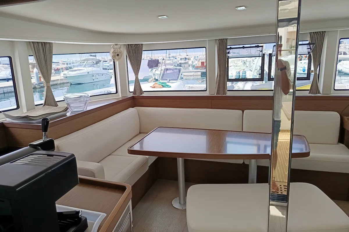 Salon of Waterworld, a Lagoon 42 catamaran at Capo d'Orlando, Italy