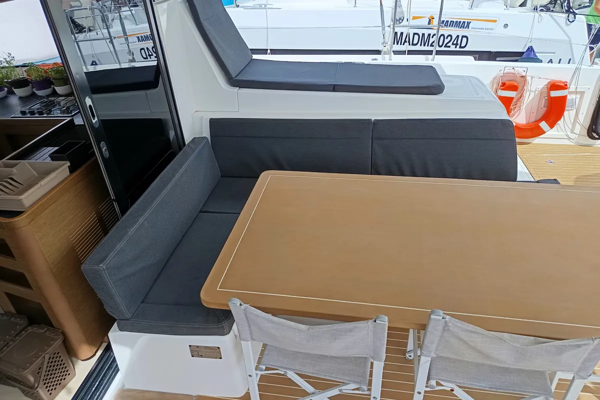 Deck of Waterworld, a Lagoon 42 catamaran at Capo d'Orlando, Italy