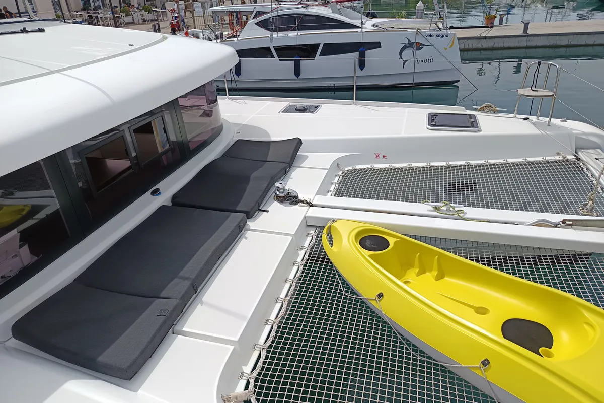 Deck of Waterworld, a Lagoon 42 catamaran at Capo d'Orlando, Italy