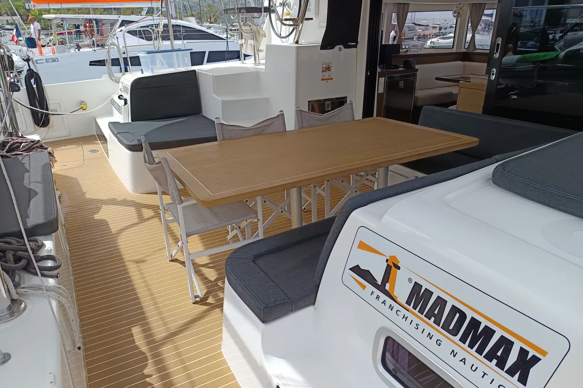 Deck of Waterworld, a Lagoon 42 catamaran at Capo d'Orlando, Italy
