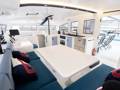 Salon of Avel Vaez, a Marsaudon Composites ORC 57 catamaran at Alameda, United States