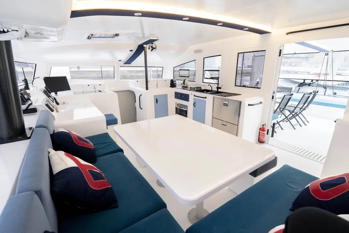 Salon of Avel Vaez, a Marsaudon Composites ORC 57 catamaran at Alameda, United States