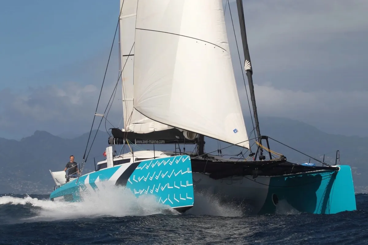 Exterior view of Avel Vaez, a Marsaudon Composites ORC 57 catamaran at Alameda, United States