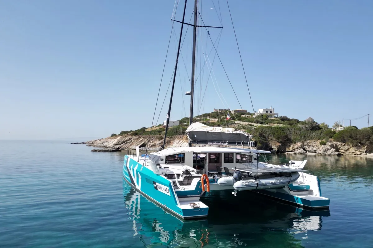 Exterior view of Avel Vaez, a Marsaudon Composites ORC 57 catamaran at Alameda, United States