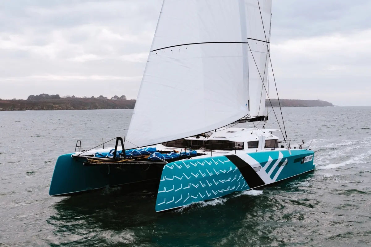 Exterior view of Avel Vaez, a Marsaudon Composites ORC 57 catamaran at Alameda, United States