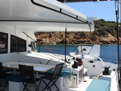 Deck of Avel Vaez, a Marsaudon Composites ORC 57 catamaran at Alameda, United States