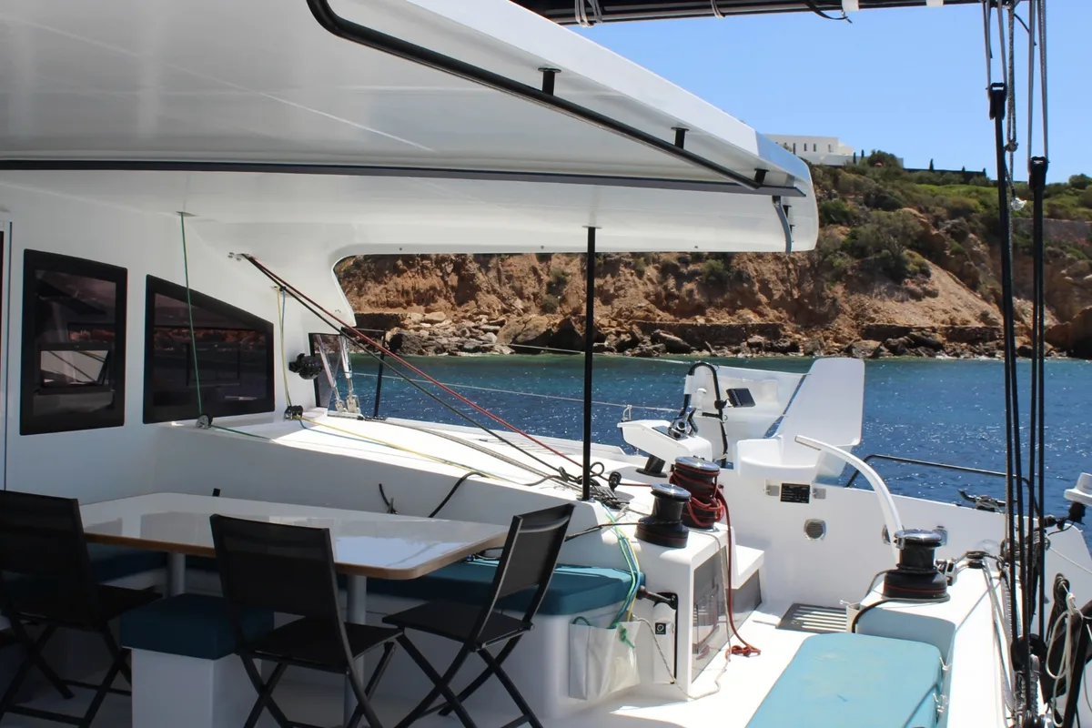 Deck of Avel Vaez, a Marsaudon Composites ORC 57 catamaran at Alameda, United States