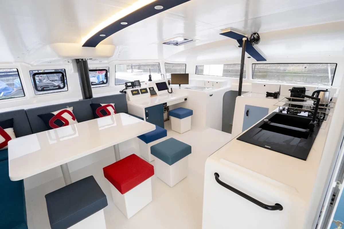 Salon of Avel Vaez, a Marsaudon Composites ORC 57 catamaran at Alameda, United States