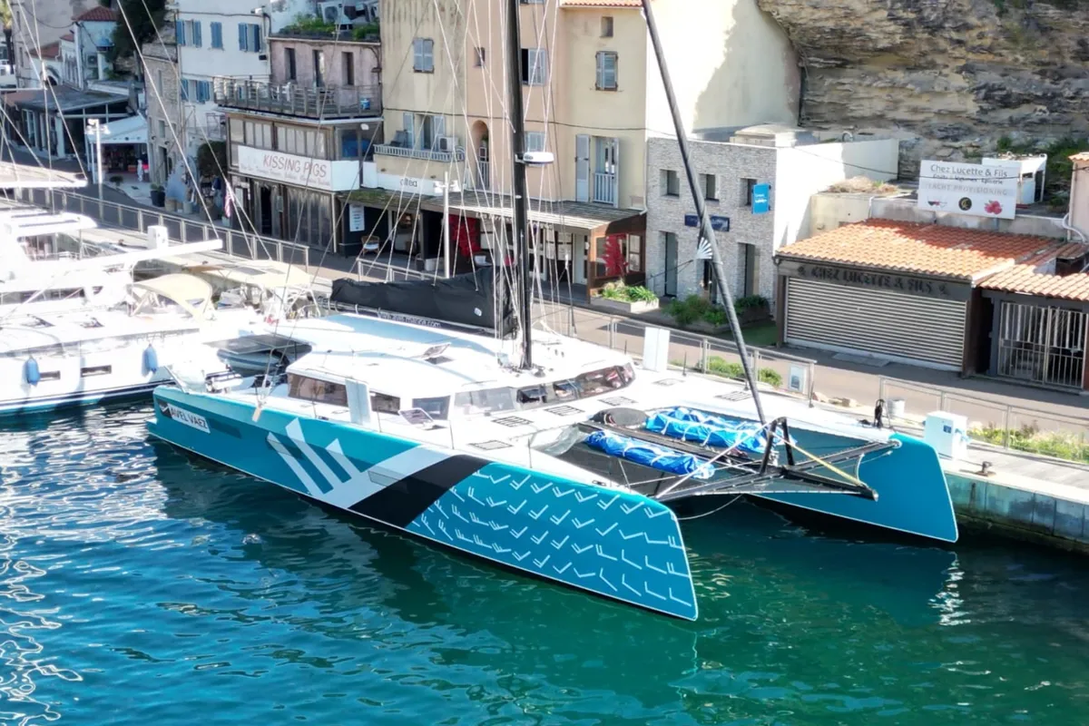 Exterior view of Avel Vaez, a Marsaudon Composites ORC 57 catamaran at Alameda, United States