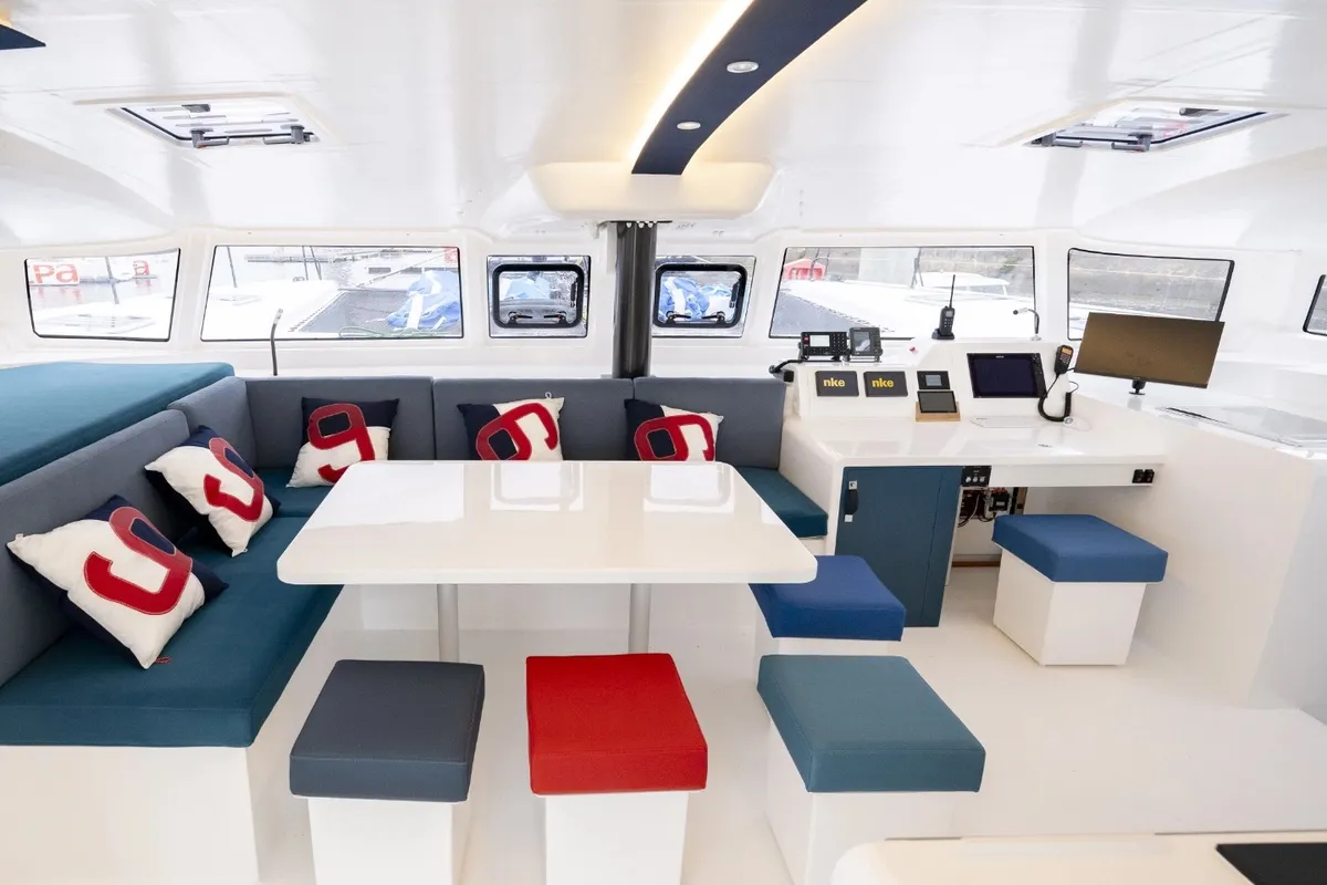 Salon of Avel Vaez, a Marsaudon Composites ORC 57 catamaran at Alameda, United States