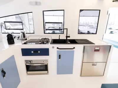 Galley of Avel Vaez, a Marsaudon Composites ORC 57 catamaran at Alameda, United States