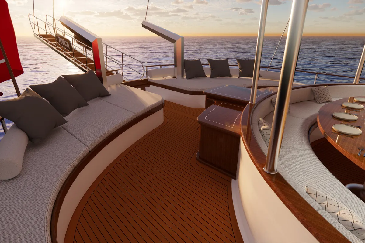 Deck of Tosca, a Gulet Motoryacht motor yacht at Marmaris, Turkey