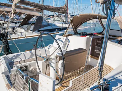 Cockpit of Ribellina, a Jeanneau Sun Odyssey 33i sailboat at San Vincenzo, Italy