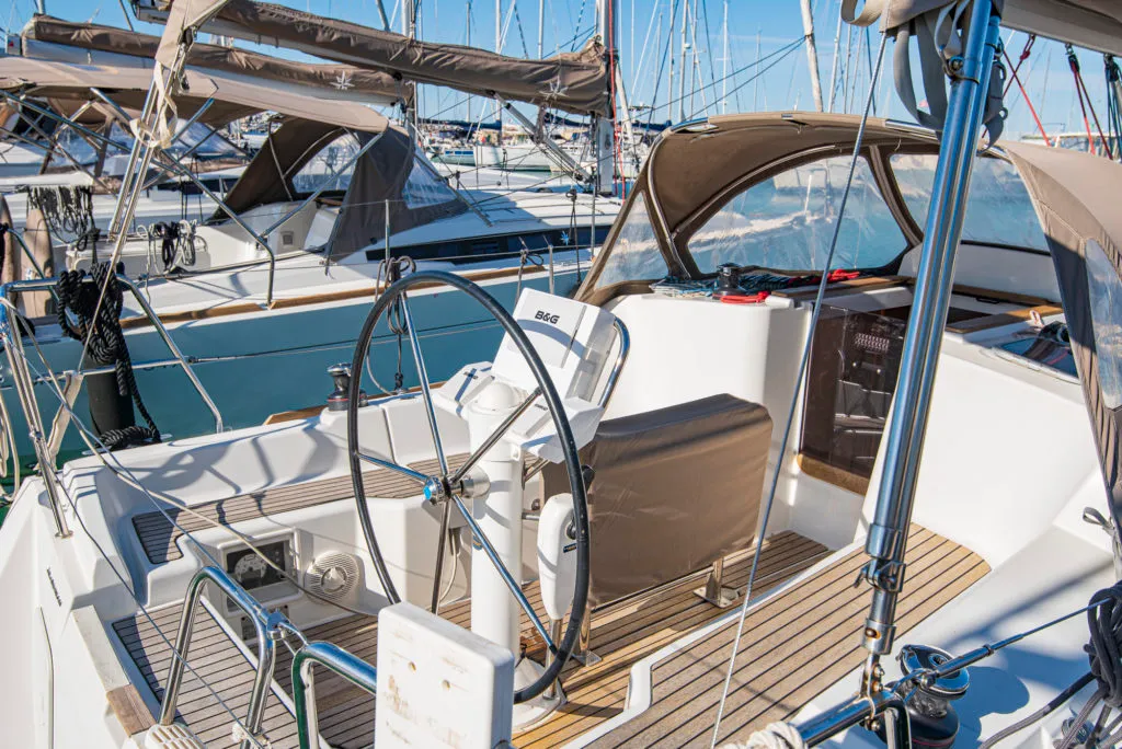 Cockpit of Ribellina, a Jeanneau Sun Odyssey 33i sailboat at San Vincenzo, Italy