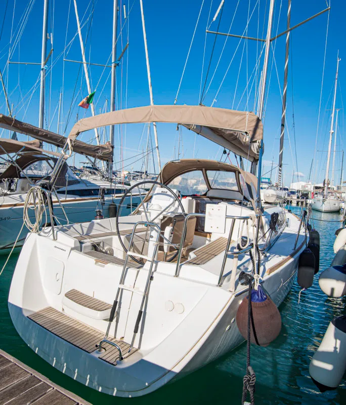 Exterior view of Ribellina, a Jeanneau Sun Odyssey 33i sailboat at San Vincenzo, Italy