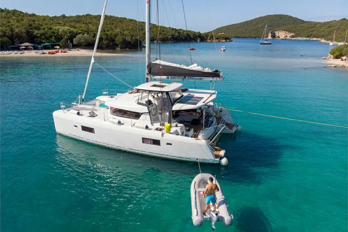 Exterior view of Dream of Life, a Lagoon 42 catamaran at Kontokali, Greece