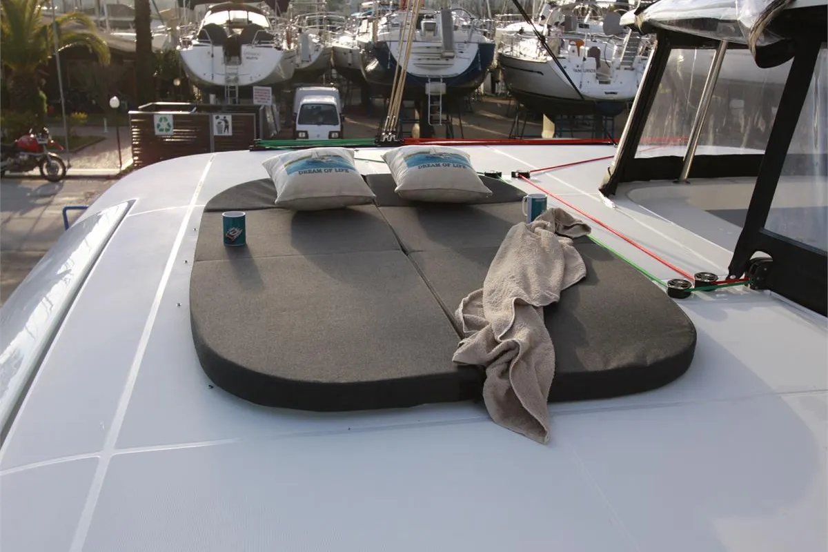 Deck of Dream of Life, a Lagoon 42 catamaran at Kontokali, Greece