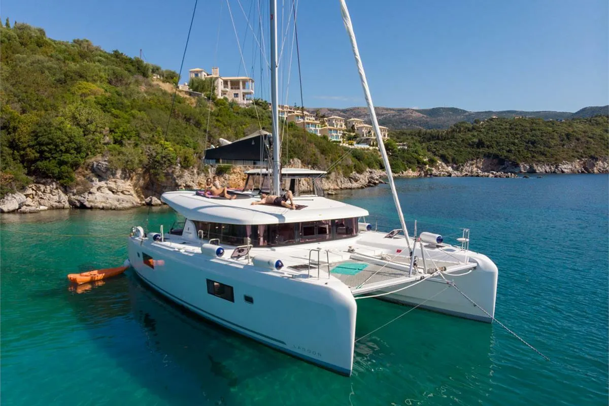 Exterior view of Dream of Life, a Lagoon 42 catamaran at Kontokali, Greece