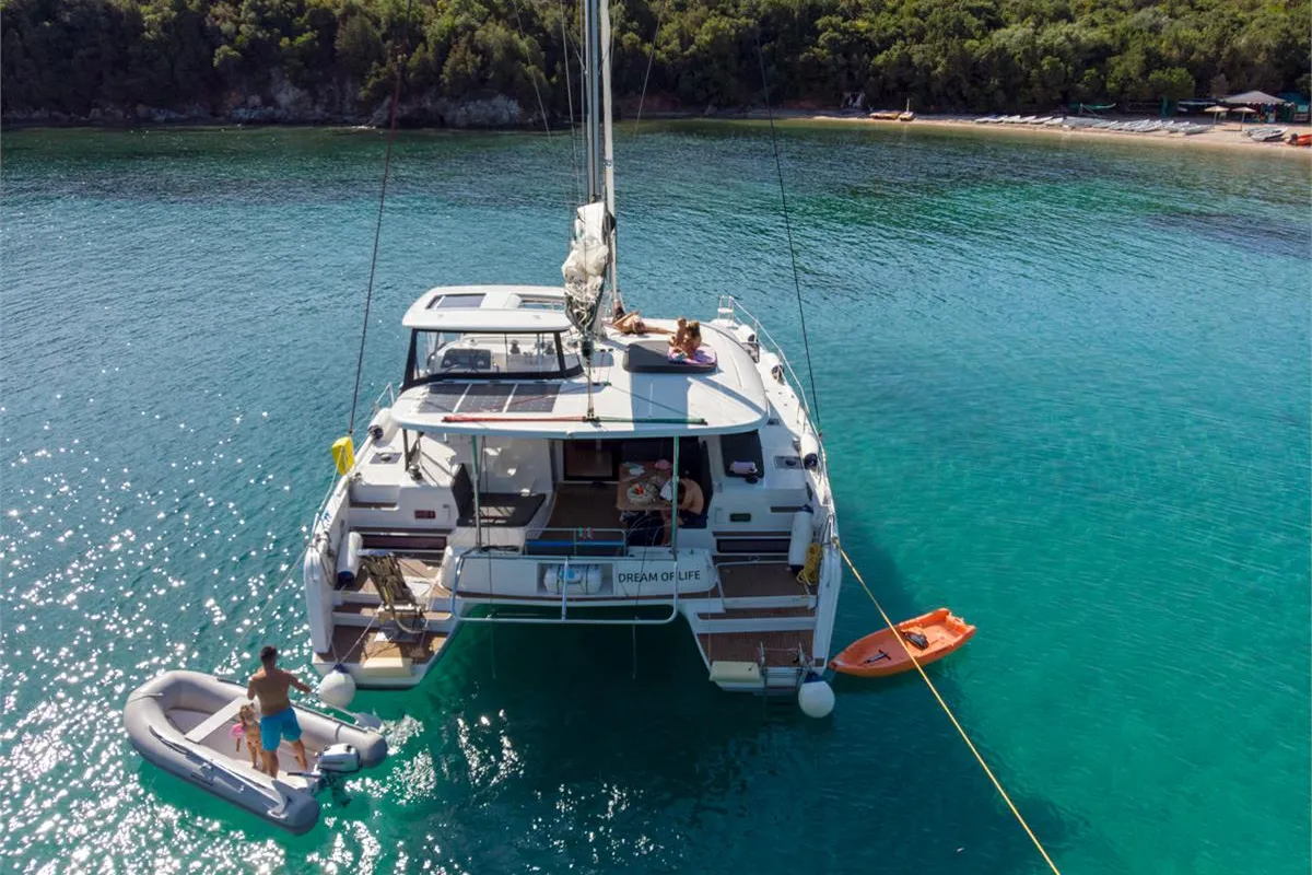Exterior view of Dream of Life, a Lagoon 42 catamaran at Kontokali, Greece