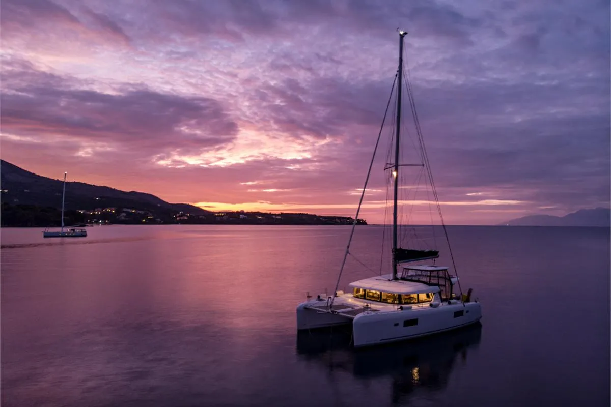 Exterior view of Dream of Life, a Lagoon 42 catamaran at Kontokali, Greece