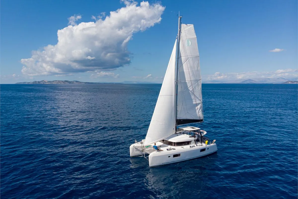 Exterior view of Dream of Life, a Lagoon 42 catamaran at Kontokali, Greece