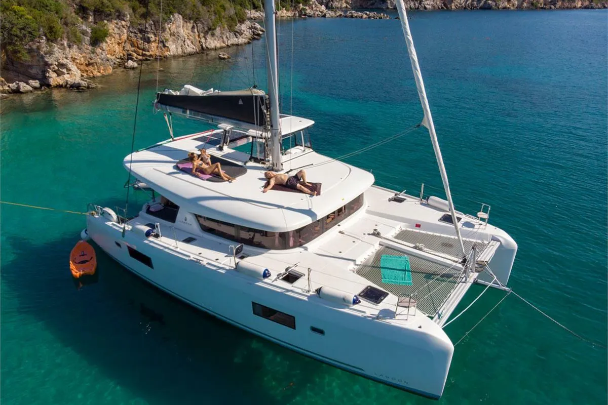 Exterior view of Dream of Life, a Lagoon 42 catamaran at Kontokali, Greece