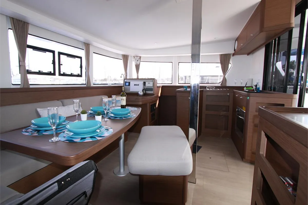 Salon of Dream of Life, a Lagoon 42 catamaran at Kontokali, Greece