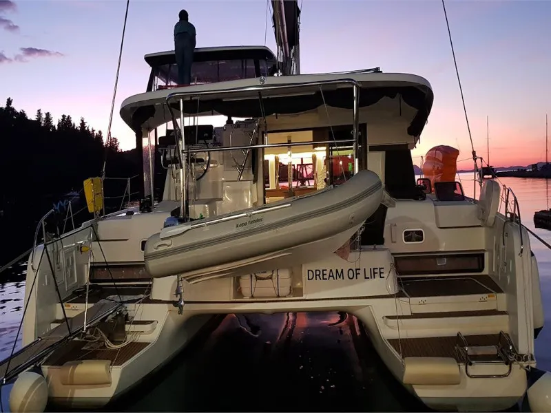 Exterior view of Dream of Life, a Lagoon 42 catamaran at Kontokali, Greece