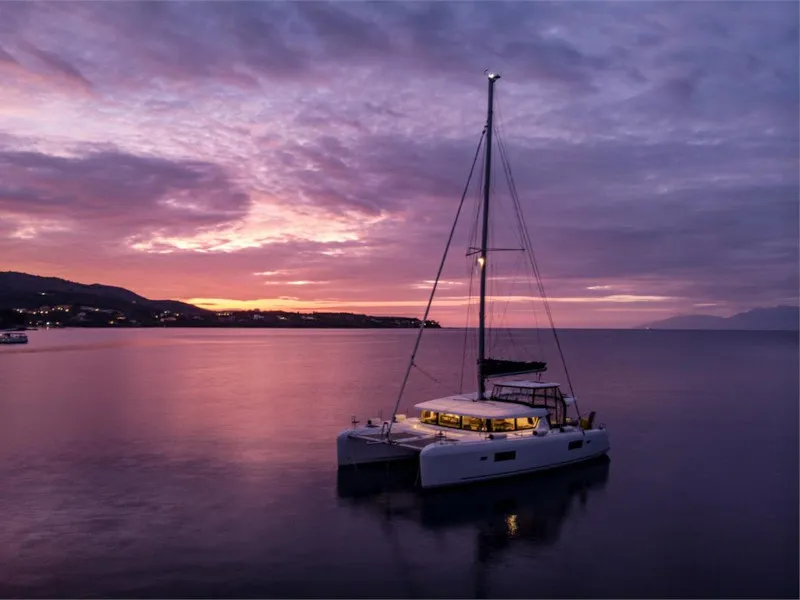 Exterior view of Dream of Life, a Lagoon 42 catamaran at Kontokali, Greece