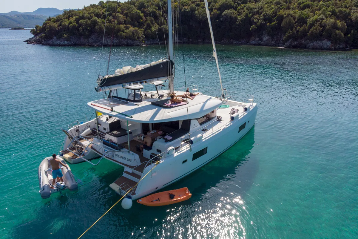 Exterior view of Dream of Life, a Lagoon 42 catamaran at Kontokali, Greece