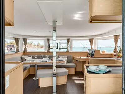 Salon of Dream of Life, a Lagoon 42 catamaran at Kontokali, Greece