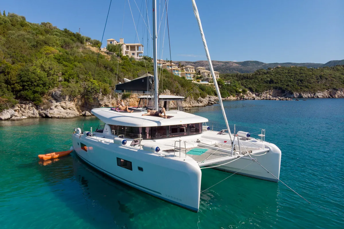 Exterior view of Dream of Life, a Lagoon 42 catamaran at Kontokali, Greece