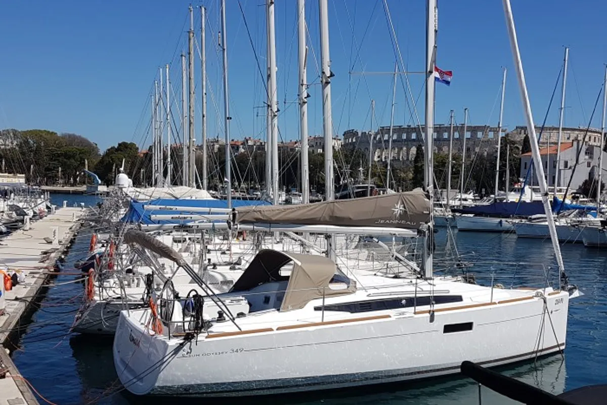 Exterior view of Romana, a Jeanneau Sun Odyssey 349 sailboat at Grad Pula, Croatia