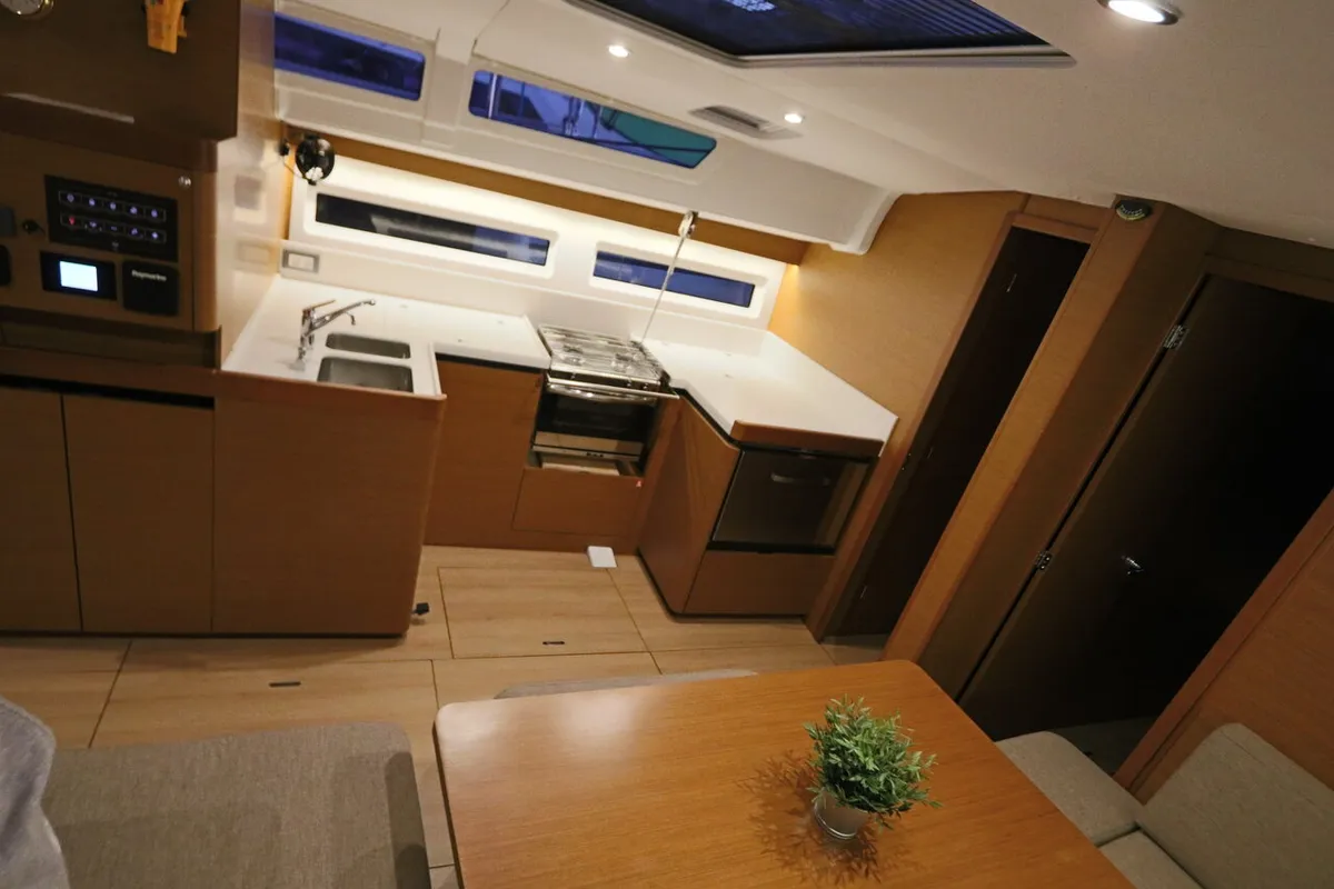 Galley of Aqua Fun, a Jeanneau Sun Odyssey 490 sailboat at Lavrion, Greece