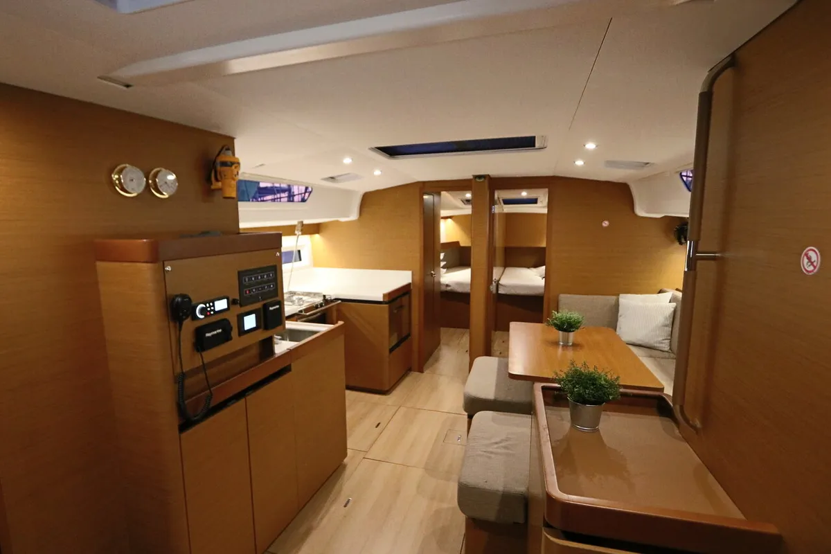 Salon of Aqua Fun, a Jeanneau Sun Odyssey 490 sailboat at Lavrion, Greece