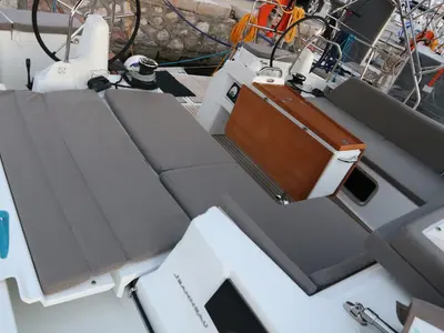 Cockpit of Aqua Fun, a Jeanneau Sun Odyssey 490 sailboat at Lavrion, Greece