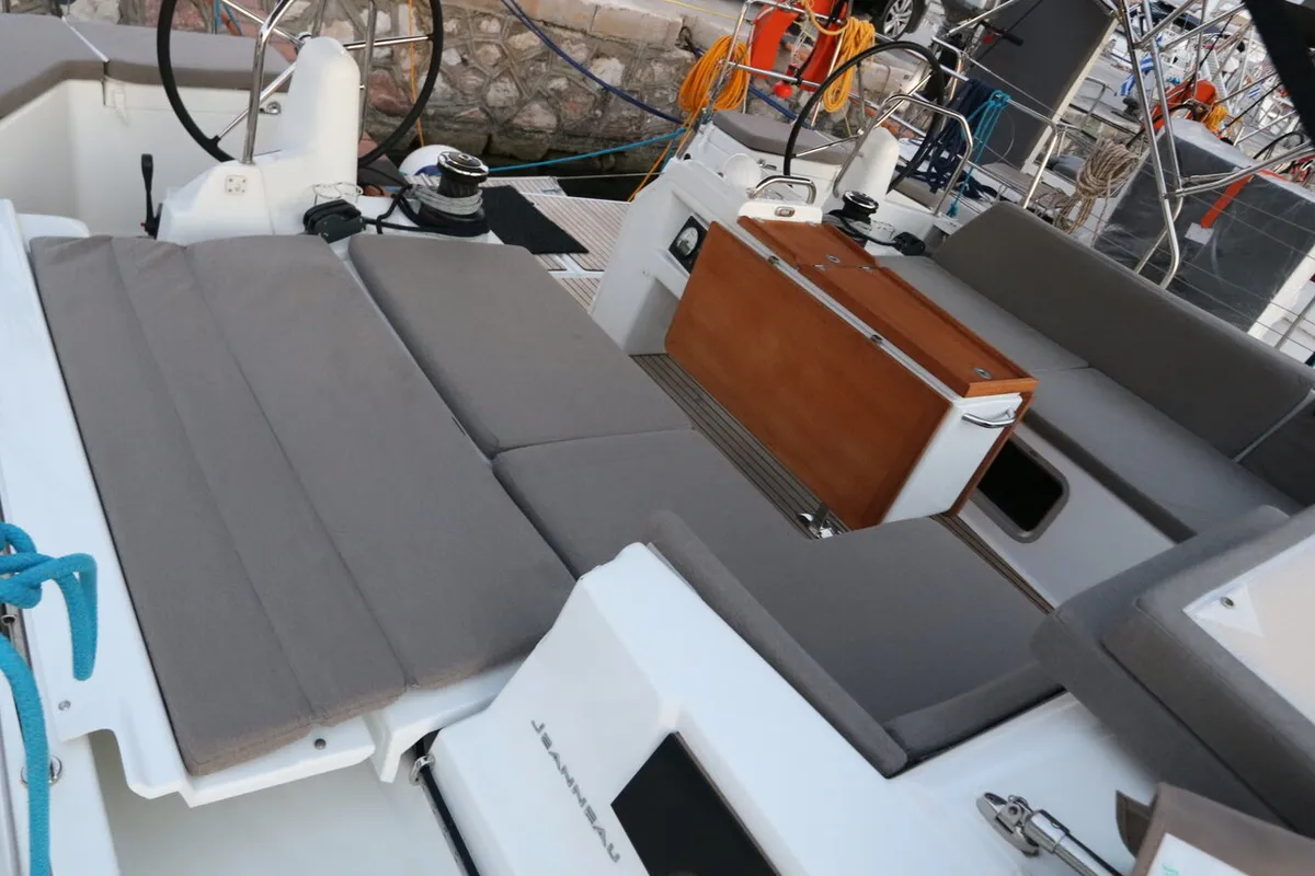Cockpit of Aqua Fun, a Jeanneau Sun Odyssey 490 sailboat at Lavrion, Greece