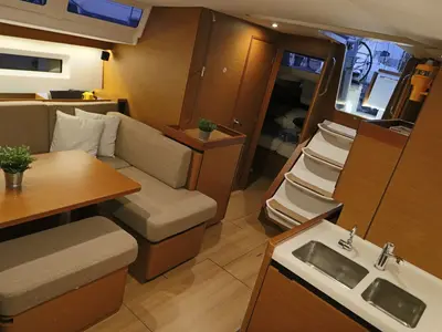 Salon of Aqua Fun, a Jeanneau Sun Odyssey 490 sailboat at Lavrion, Greece