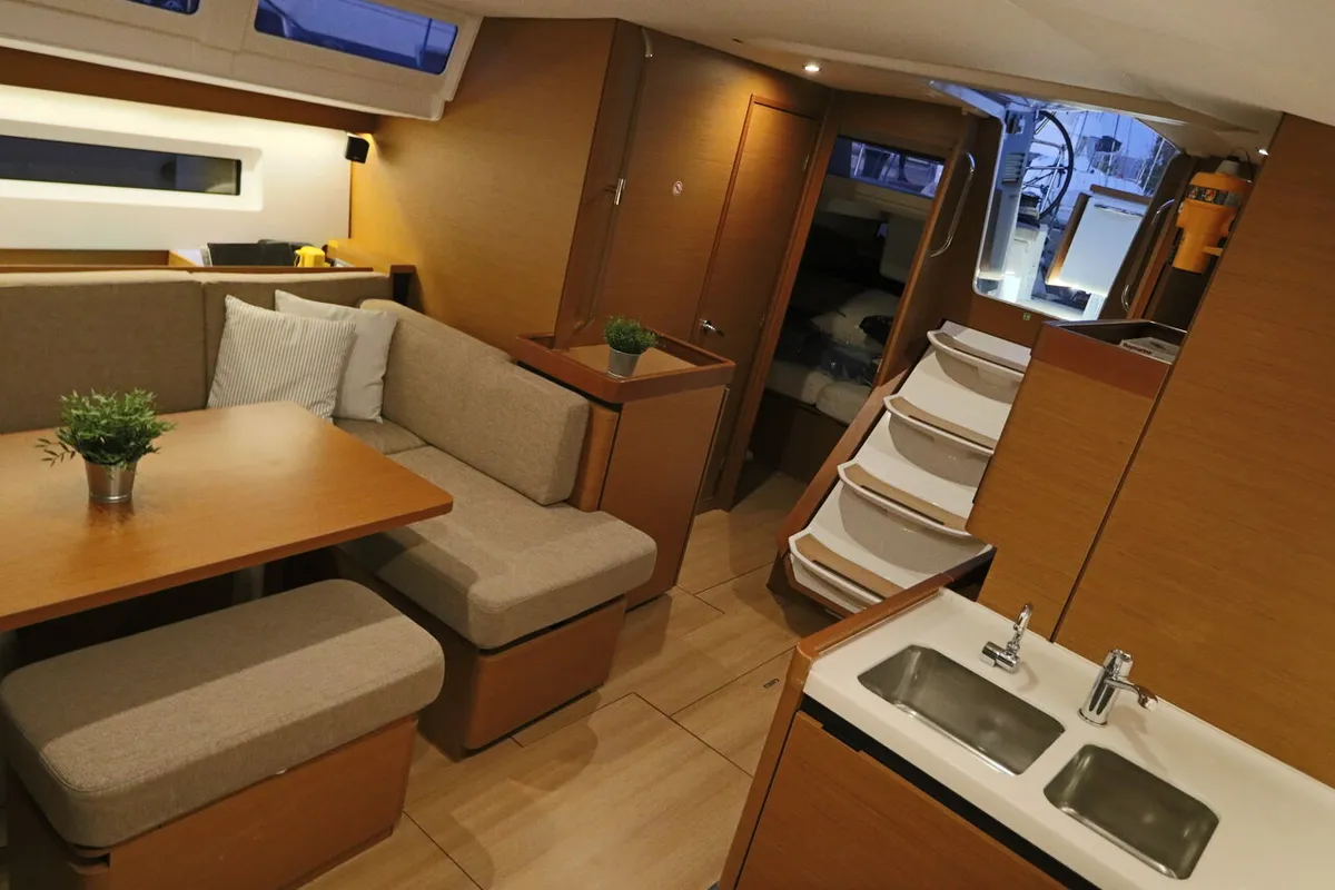 Salon of Aqua Fun, a Jeanneau Sun Odyssey 490 sailboat at Lavrion, Greece
