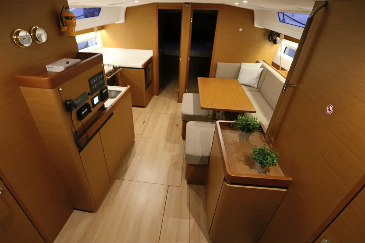 Salon of Aqua Fun, a Jeanneau Sun Odyssey 490 sailboat at Lavrion, Greece