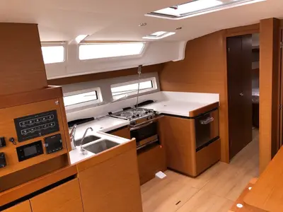 Galley of Aqua Fun, a Jeanneau Sun Odyssey 490 sailboat at Lavrion, Greece