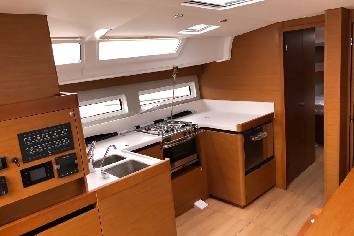 Galley of Aqua Fun, a Jeanneau Sun Odyssey 490 sailboat at Lavrion, Greece
