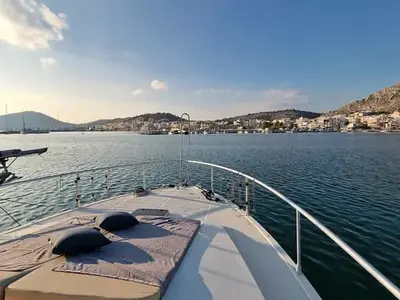 Deck of BLUE DREAM, a Ferretti 52 motor yacht at Piraeus, Greece