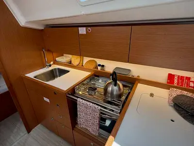 Galley of The Cat, a Bavaria C38 sailboat at Fethiye, Turkey