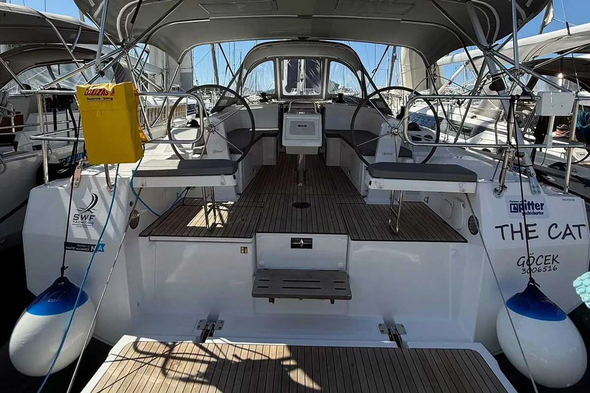 Cockpit of The Cat, a Bavaria C38 sailboat at Fethiye, Turkey