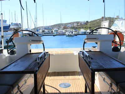 Cockpit of Amaryllis, a Bavaria C45 Style sailboat at Lavrion, Greece