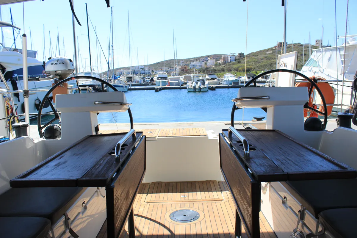 Cockpit of Amaryllis, a Bavaria C45 Style sailboat at Lavrion, Greece